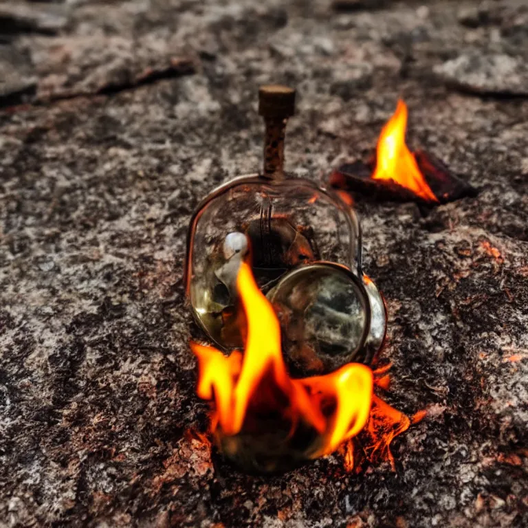 Prompt: close - up of a tiny bottle with a tent and campfire inside. dramatic lighting, night, hyper realistic, highly detailed, 4 k