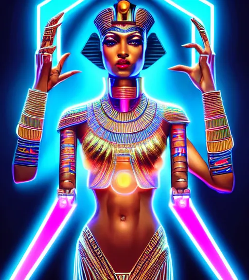 Image similar to symmetry!! egyptian goddess of technology, solid cube of light, hard edges, product render retro - futuristic poster scifi, lasers and neon circuits, brown skin beautiful egyptian goddess, intricate, elegant, highly detailed, digital painting, artstation, concept art, smooth, sharp focus, illustration, dreamlike, art by artgerm