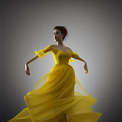 Prompt: woman in yellow organza dress dancing, ultra realistic, concept art, intricate details, dark vibe, highly detailed, photorealistic, octane render, 8 k, unreal engine,