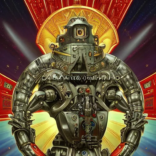 Prompt: portrait of military robot made with plasteel by Jeff Easley and Peter Elson + beautiful eyes, beautiful face + symmetry face + border and embellishments inspiried by alphonse mucha, fractals in the background, galaxy + baroque, gothic, surreal + highly detailed, intricate complexity, epic composition, magical atmosphere + masterpiece, award winning + trending on artstation