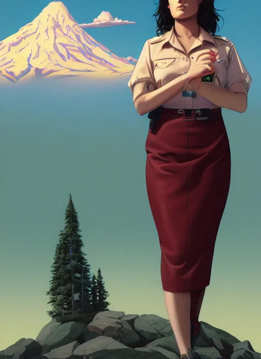 Prompt: Twin Peaks poster artwork by Michael Whelan and Tomer Hanuka, Karol Bak, Rendering of Salma Hayek working at the local diner, wearing rr diner uniform, from scene from Twin Peaks, full of details, by Makoto Shinkai and thomas kinkade, Matte painting, trending on artstation and unreal engine