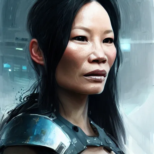 Image similar to lucy liu portrait, dystopia core, apocalyptic, armor, warrior, dramatic, sharp focus, fiction, neon, fantasy, hyper detailed, digital art, trending in artstation, cinematic lighting, studio quality, smooth render, unreal engine 5 rendered, octane rendered, art style and nixeu and wlop and krenz cushart