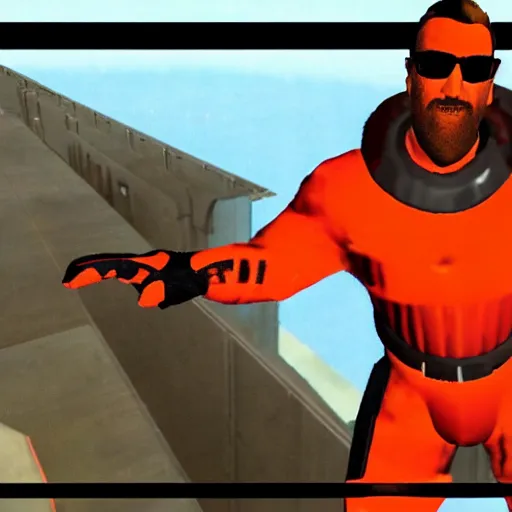 Prompt: gordon freeman skydiving with duke nukem 480P cam footage 1998