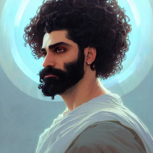 Prompt: ,Crystal blue eyes arab man with black hair curly, light beard,serious face, , by WLOP,Artgerm,Greg Rutkowski,Alphonse Mucha, Beautiful dynamic,shadows,Artstation,concept design art,Octane render,8K