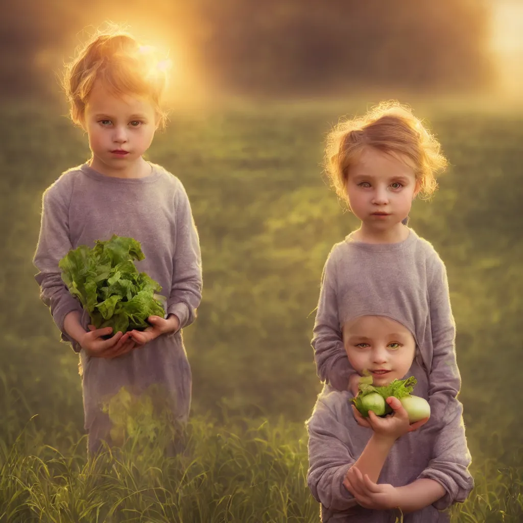 Image similar to Beautiful aesthetically pleasing single female child portrait, centered portrait, Confident holding vegetables, lush farm lands, fog, volumetric lighting beautiful, golden hour, sharp focus, ultra detailed, conceptartworld, Dr Zeuscomic art