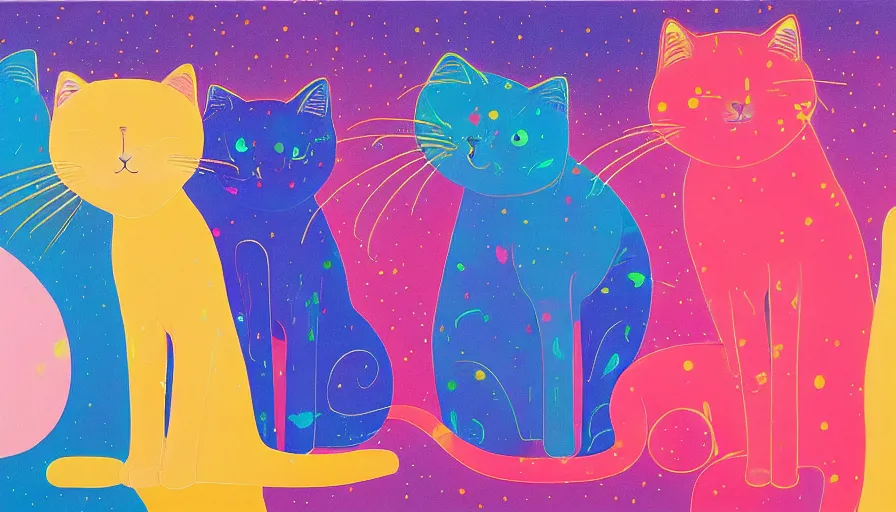 Prompt: contemporary semi abstract acrylic painting of really tall sitting cats by makoto shinkai, by lisa frank, by victo ngai, by kessler art, thick brush strokes and visible paint layers, multicolor color scheme