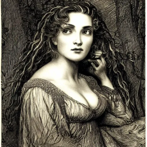 Image similar to portrait of a beautiful woman, high detail, illustration by Gustav Doré