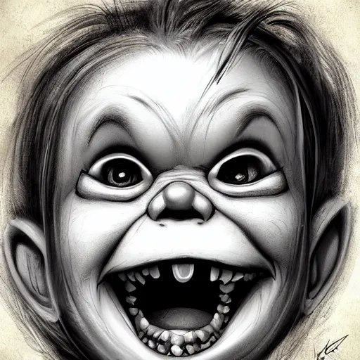 Image similar to surrealism grunge cartoon portrait sketch of chucky with a wide smile, by michael karcz, loony toons style, freddy krueger style, horror theme, detailed, elegant, intricate