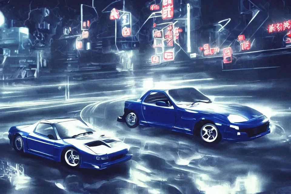 Image similar to aesthetic illustration of ryosuke takahashi with black hair wearing a dark blue shirt standing near white mazda rx 7 on an empty highway at dusk, cinematic lighting, detailed anime face, high detail, 9 0 s anime aesthetic, volumetric lights, unreal engine 5 render, pinterest wallpaper, trending on artstation