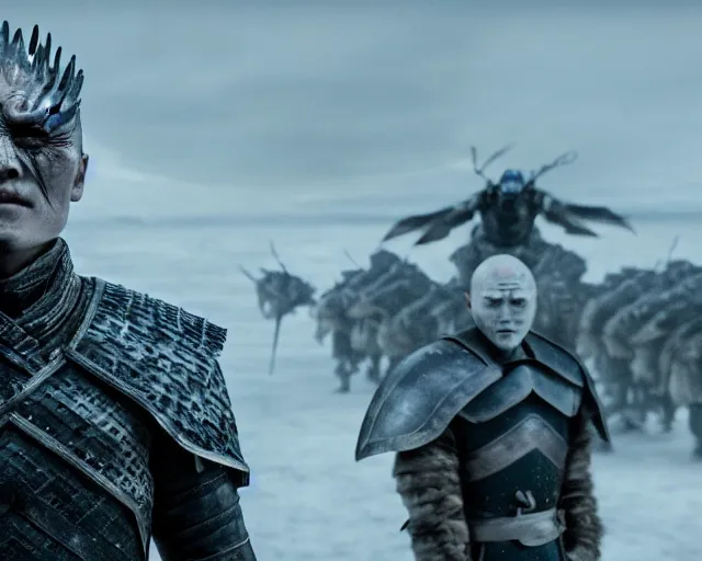 Image similar to justin sun as night king in game of thrones with giant crimson - black bees, 4 k, epic, cinematic, focus, movie still, fantasy, extreme detail, atmospheric, dark colour, sharp focus