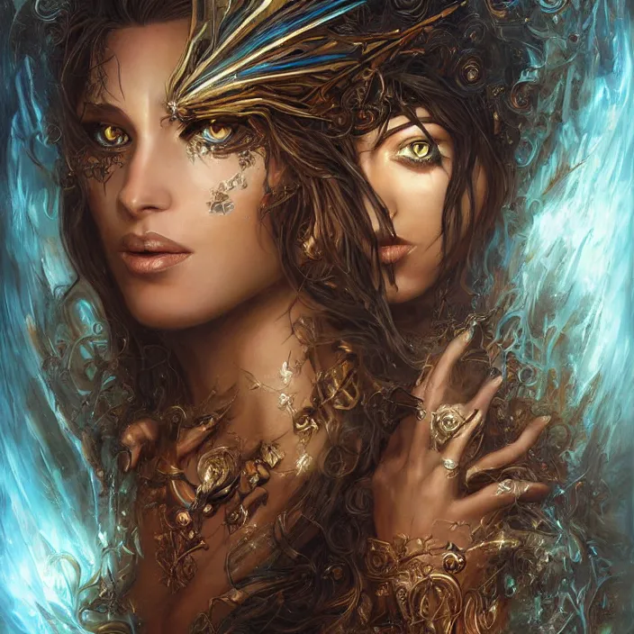 Prompt: a highly detailed painting of a sorceress with piercing beautiful eyes, dark tomb setting, dynamic lighting, ambient lighting, deviantart, art by artgerm and karol bak and mark brooks