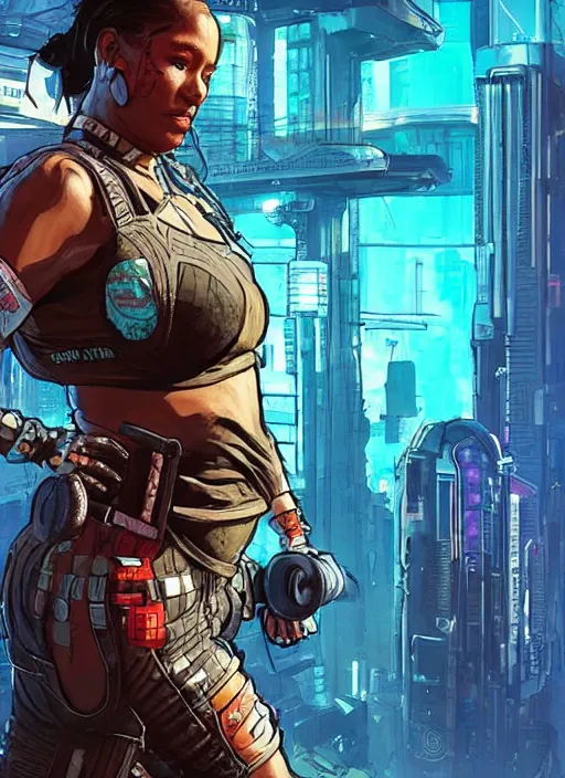 Prompt: apex legends cyberpunk weight lifter. concept art by james gurney and mœbius. cinematic, dramatic lighting ( cyberpunk 2 0 7 7 )