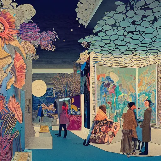 Prompt: illustration of modern art gallery, where there is a lot of paintings displayed from various artist, very fashion, displayed on the walls, by Victo Ngai and James Gilleard and Bruce Pennington