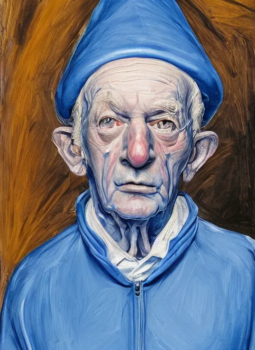 Prompt: Real life Papa Smurf, painted by Lucian Freud, highly detailed, 8k