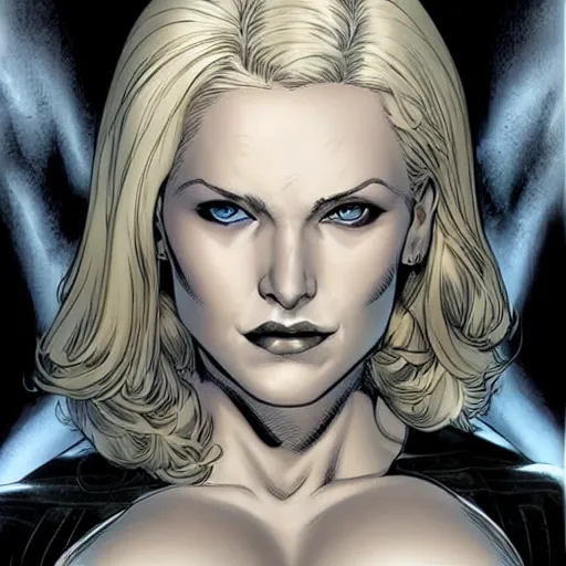 Prompt: Portrait of Emma Frost, a beautiful woman in her 30s, with white blonde hair and blue eyes, symmetrical face, detailed face, delicate features, graphic novel, art by Ardian Syaf,