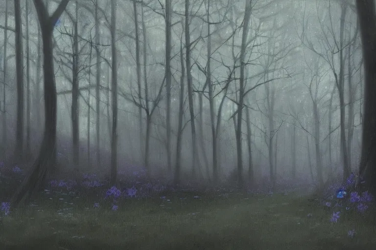 Image similar to dark and spooky painting of a forest dimly lit at night with tiny purple morning glory flowers trailing at the base of trees. foggy cinematic volumetric darkness, muted colour palette, detailed oil painting on canvas kazuo oga, makoto shinkai