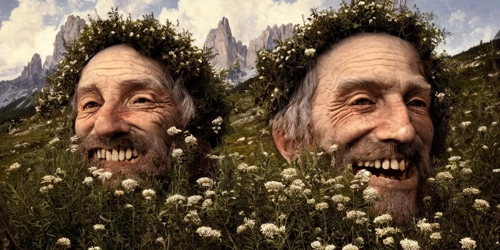 Image similar to old alpine famers head being overgrown by edelweiss, smiling, dolomites in background, dark, eerie, despair, portrait photography, artstation, adward winning, artstation, highly detailed, sharp focus, by caravaggio