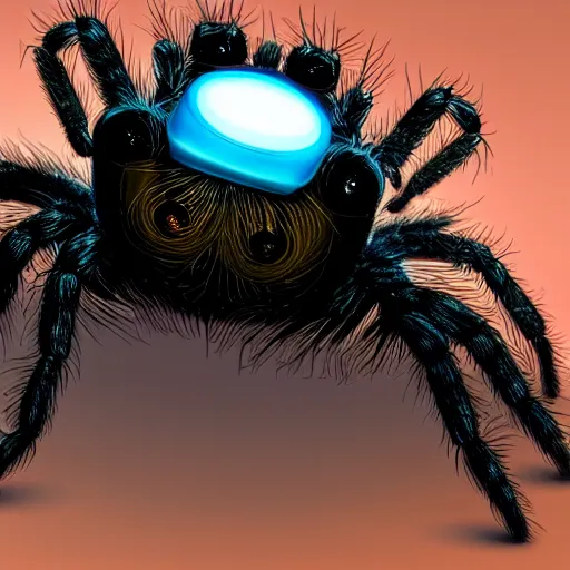 Image similar to a giant jumping spider using a computer keyboard, by pixar, iridescent, character concept art