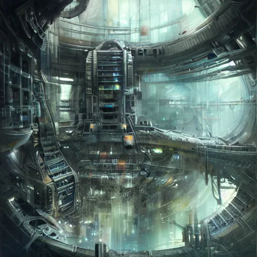 Prompt: inside epic futuristic structure by raymond swanland, highly detailed