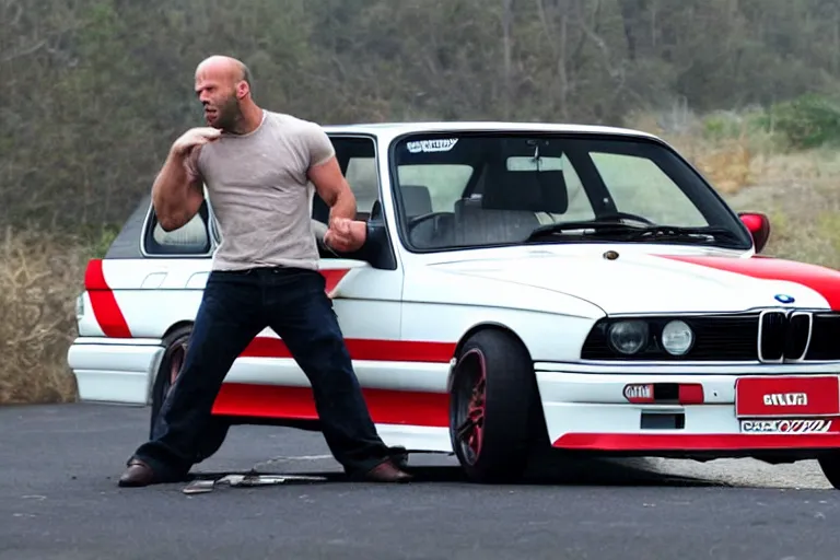 Image similar to Angry Jason Statham picks up BMW e30