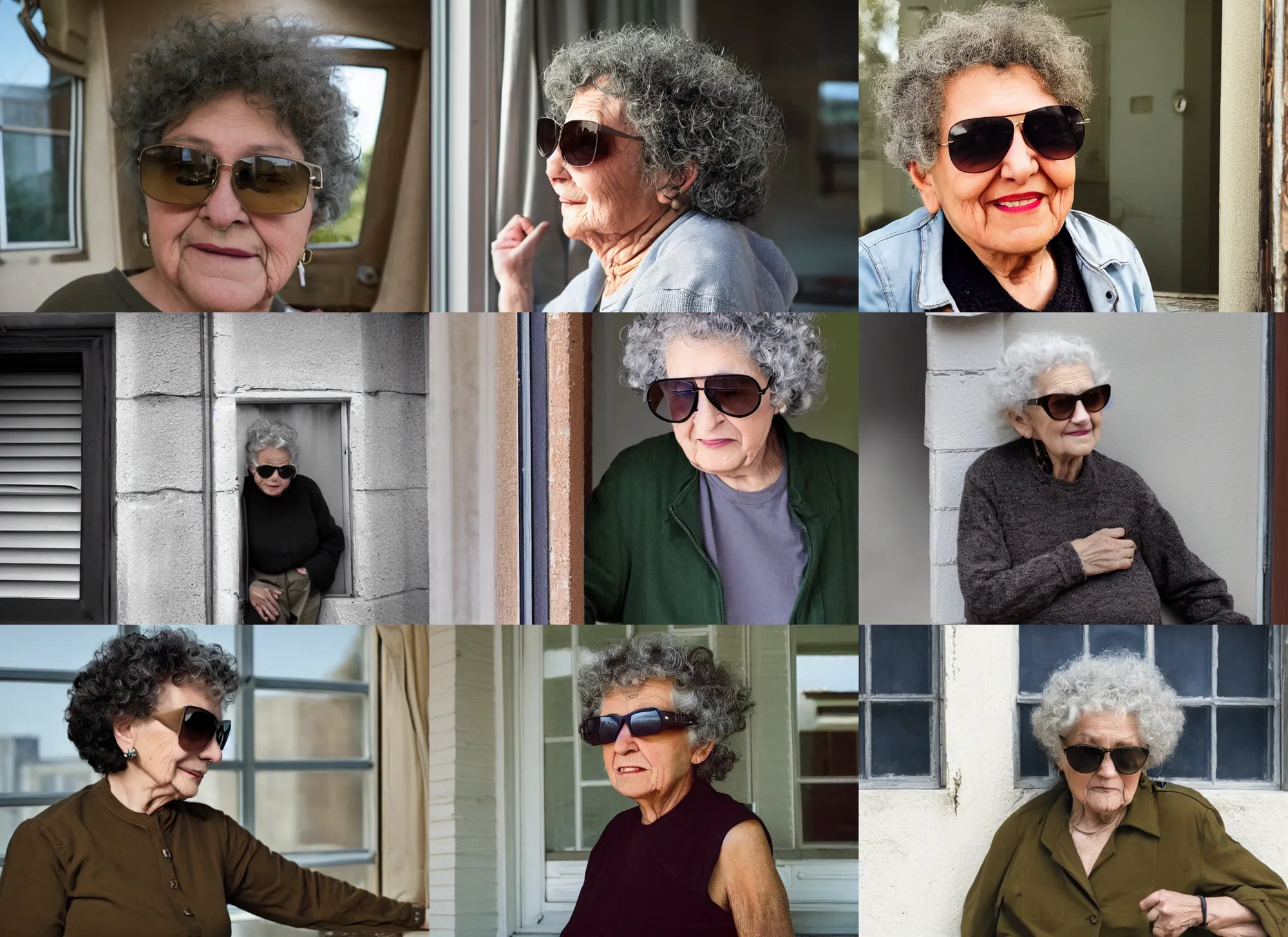 Prompt: an old lady with curly gray hair wearing dark aviator sunglasses standing behind a window looking at a mailmain wearing khaki pants