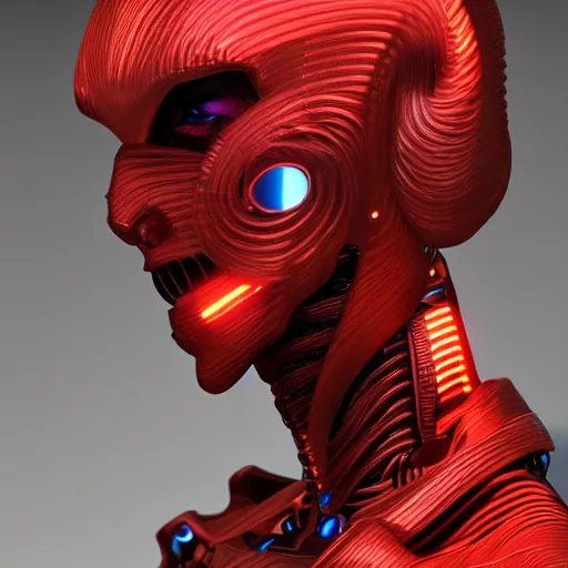 Image similar to sophisticated portrait of glowing, warm, sharp edges, sleek contours, textured, reddish, atmospheric, misty, leds, futuristic cybernetic warrior alien in profile, highly intricate, detailed humanoid, trending on artstation