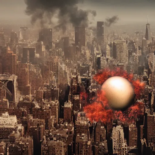 Image similar to cinematic still of giant rusty ball destroyed new york, post apocalyptic