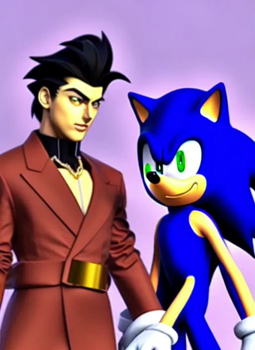 Image similar to sonic the hedgehog and jotaro kujo from jojo's bizarre adventure hanging out, photorealistic