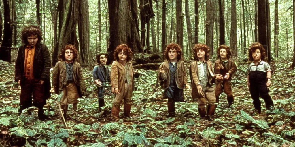 Image similar to A full color still from a Stanley Kubrick film featuring four hobbits in a forest, 35mm, 1975