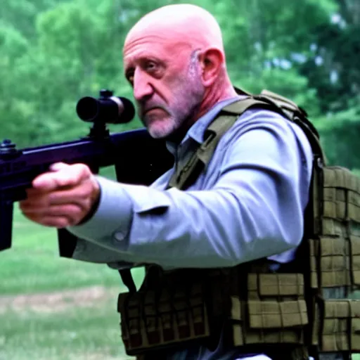 Image similar to Film Still of Mike Ehrmantraut aiming a sniper rifle and wearing a bulletproof vest, 4k, highly detailed, centered