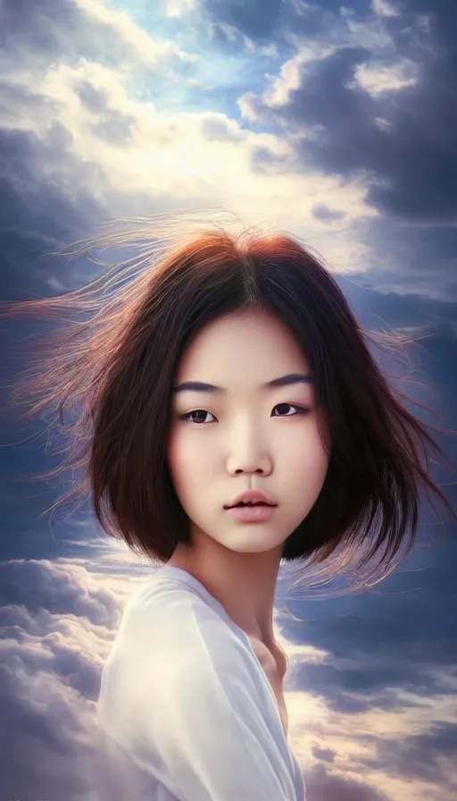 Image similar to photo of a gorgeous young asian girl , searching for eternity, head in the clouds in the style of stefan kostic, realistic, sharp focus, 8k high definition, high fashion, vogue, insanely detailed, intricate, elegant, art by stanley lau and artgerm, sigma 85mm art