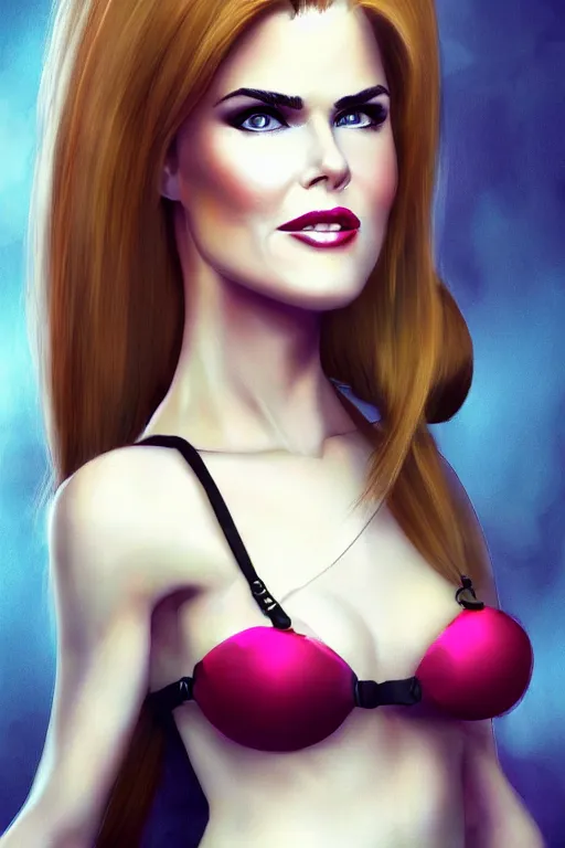 Image similar to mix of beautiful young maria shriver, mariel hemmingway, brooke shields, nicole kidman and elle macpherson as a dominatrix, thin lips, hair tied up in a pony tail, dark blonde hair, colorful, deviantart, artstation, cgsociety