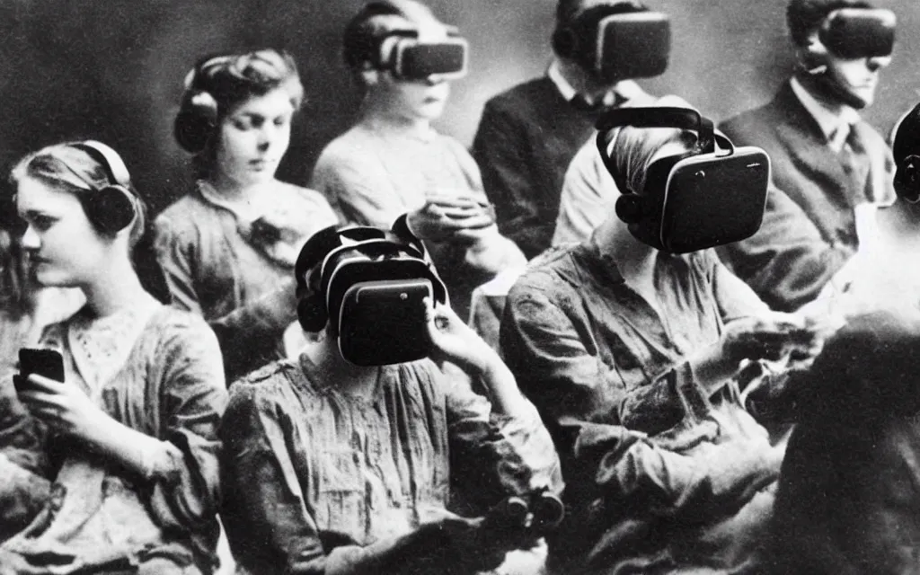 Image similar to 1 9 0 0 s photo of people using iphones ipods virtual reality headsets vr in a movie theater double exposure masterpiece