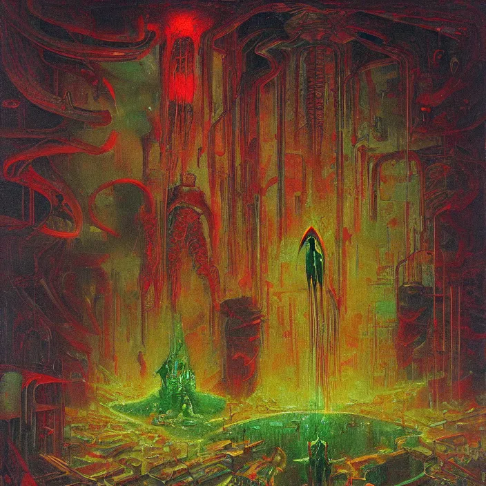 Image similar to gargantuan endless disappointment of crying souls in crack of humanity dissolution, red and green palette, by ( h. r. giger ) and paul lehr