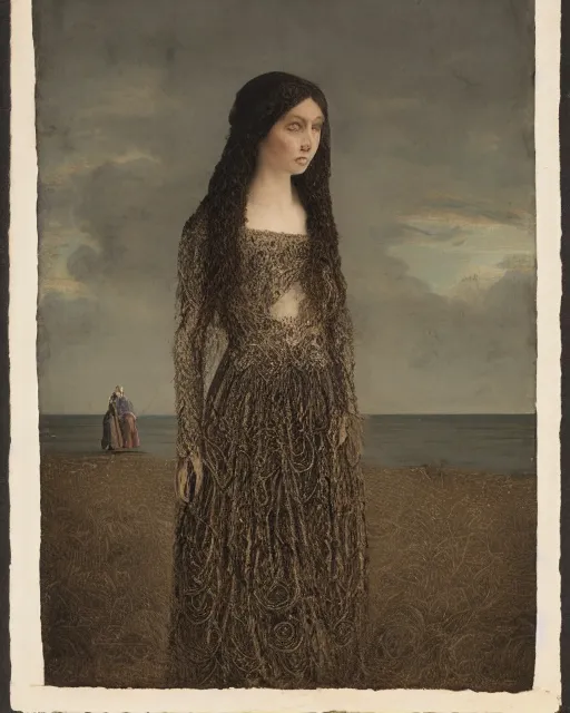 Image similar to a young woman standing by the sea, long hair, made of intricate decorative lace leaf skeleton, in the style of the dutch masters and gregory crewdson, dark and moody