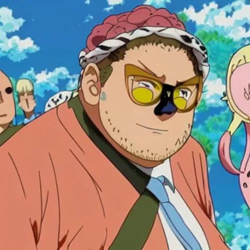 Prompt: A still of Jonah Hill with blonde hair wearing tie dye in One Piece Anime Series