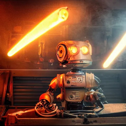 Image similar to toaster oven terminator robot, dark messy smoke - filled cluttered workshop, dark, dramatic lighting, orange tint, sparks, plasma charge, cinematic, highly detailed, sci - fi, futuristic, movie still