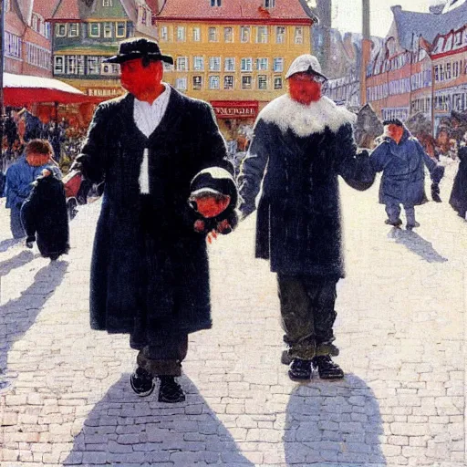 Prompt: penguins walking down nyhavn in copenhagen, denmark, oil painting by norman rockwell, thomas kinkade, highly detailed