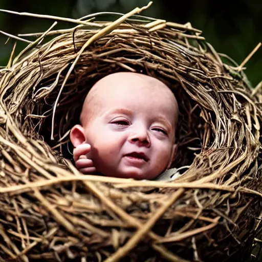 Image similar to a baby human hatching out of an egg in a nest, photography, award winning, 8 k, national geographic channel, discovety channel