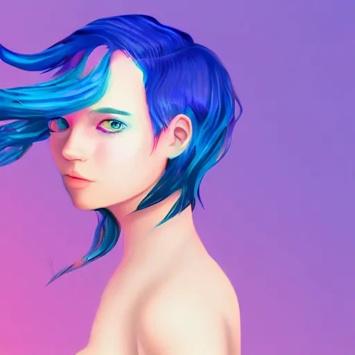 Prompt: girl with blue hair, lesbian cottagecore, pink gradient background, detailed digital art, trending on artstation