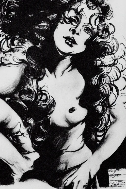 Image similar to natasha lyonne as illustrated by frank frazetta and john cho, black and white, crisp line art