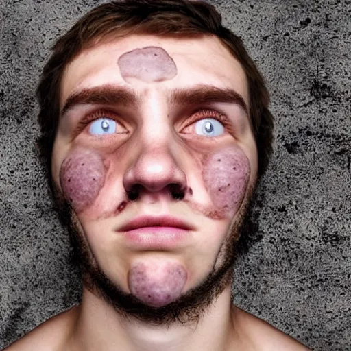 Image similar to a caucasian man with the most acne in the world. acne on face, acne on body, huge zits all over body, desperate, depression, dark mood, hate life