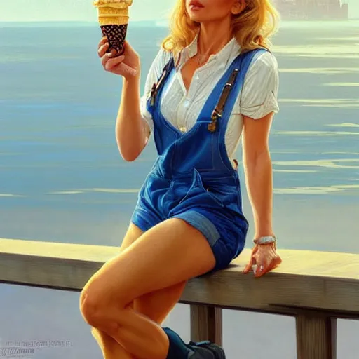 Prompt: a blonde fuller figured middle aged barbara bach from the bond film wearing blue dungarees and eating ice creams in porto, real life skin, intricate, elegant, highly detailed, artstation, concept art, smooth, sharp focus, art by artgerm and greg rutkowski and alphonse mucha