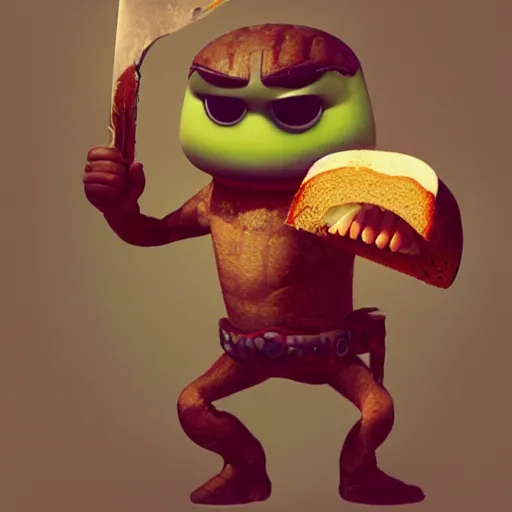 Prompt: a large slice of toasted bread with a face, arms and legs, holding a sword, cute pixar character, volumetric lighting, dynamic composition, fantasy, hyper detailed, ultra realistic, sharp focus, octane render, concept art by sachin teng and sergey kolesov and ruan jia and heng z