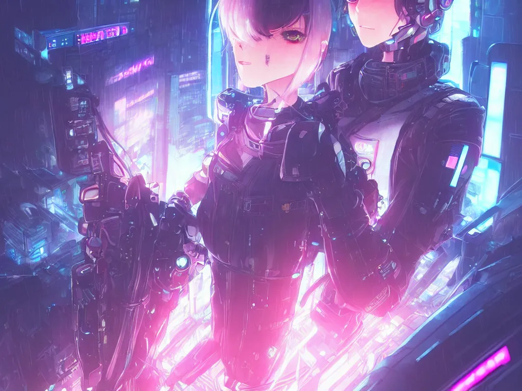 Image similar to portrait key anime visual futuristic female cyber airforce pilot, on cyberpunk neon light tokyo rainy rooftop, ssci - fi and fantasy, intricate and very beautiful, human structure, concept art, sharp focus, anime drawing by rossdraws and magali villeneuve, frostine engine
