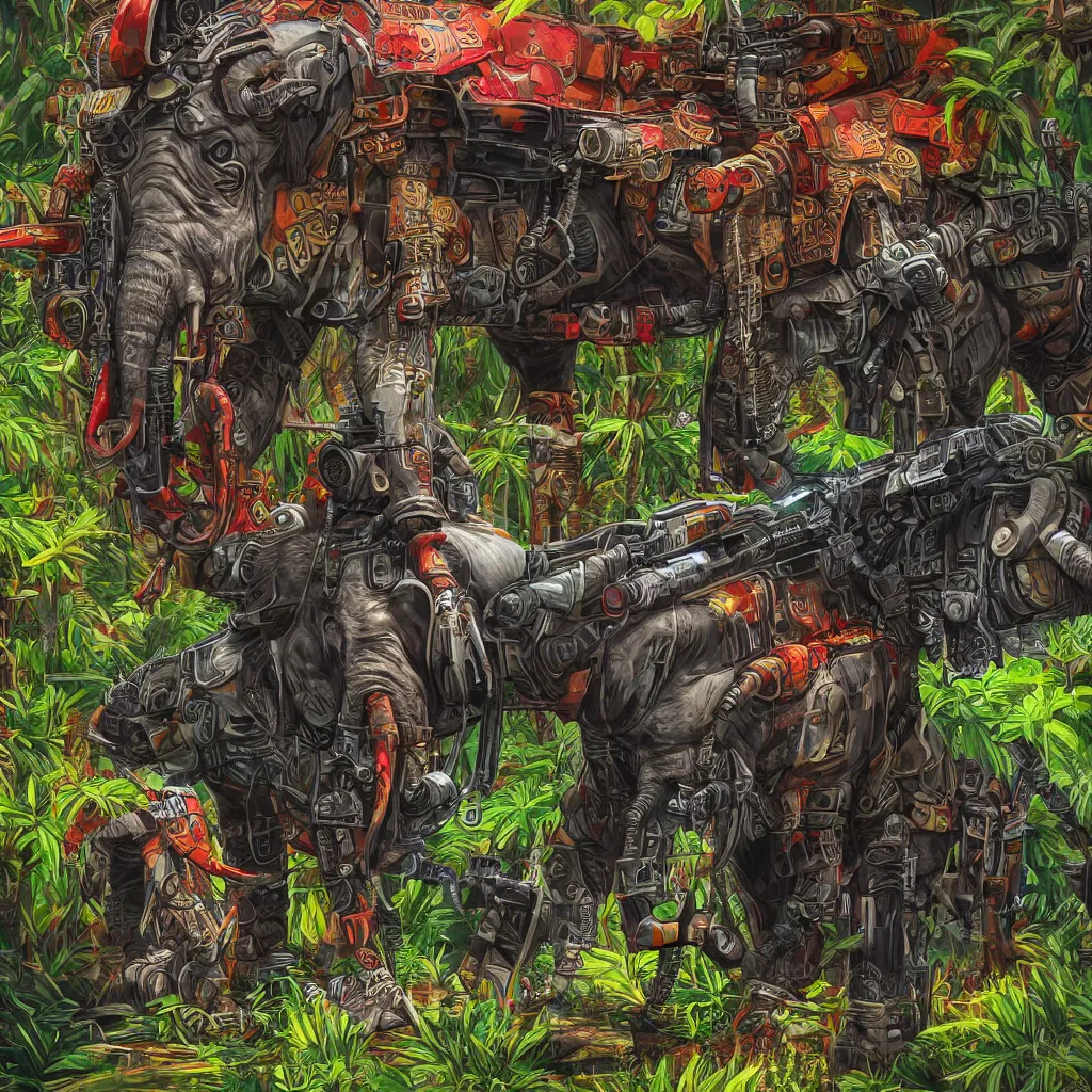 Image similar to war cyberpunk elephant with machine gun mounted in a vivid color jungle, 4 k, detailed, digital art