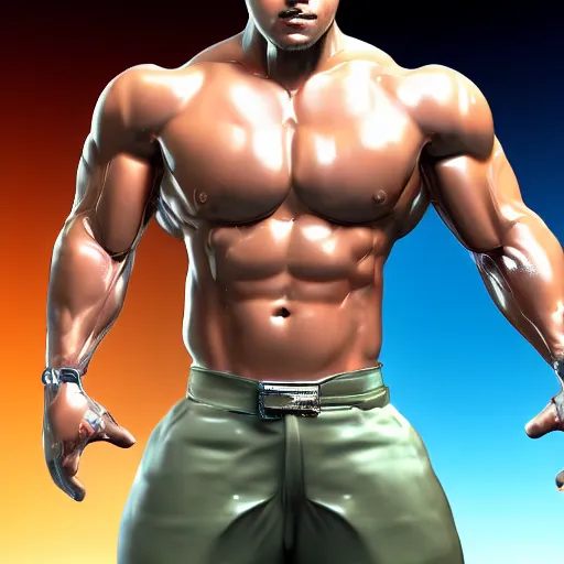 Image similar to a realistic detailed photo of a bodybuilder who is also a male android Chris Redfield, shiny skin, posing robotically, blank stare