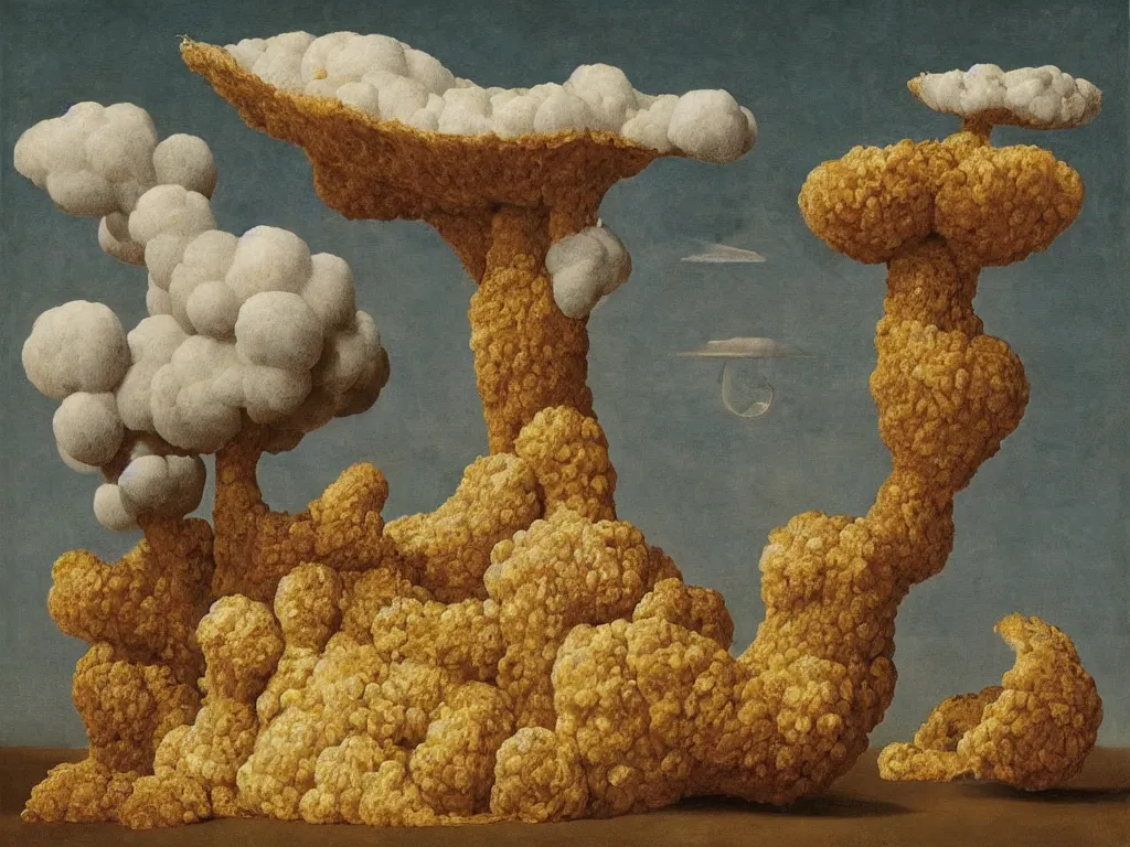 Prompt: fluffy, giant diaphanous fungi mold raising out of an old bread. painting by zurbaran, max ernst, agnes pelton, rene magritte, walton ford