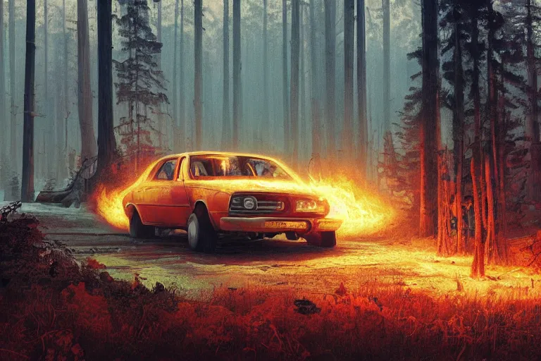 Prompt: burning car driving through a beautiful swedish forest, highly detailed, hyperrealistic, very sharp focus, intricate, soft lighting, dramatic, digital painting by simon stålenhag