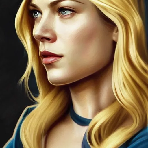 Image similar to A combination of Katheryn Winnick's and Grace Kelly's and Kristin Kreuk's faces with blonde hair as Captain Marvel, western, D&D, fantasy, intricate, elegant, highly detailed, digital painting, artstation, concept art, matte, sharp focus, illustration, art by Artgerm and Greg Rutkowski and Alphonse Mucha